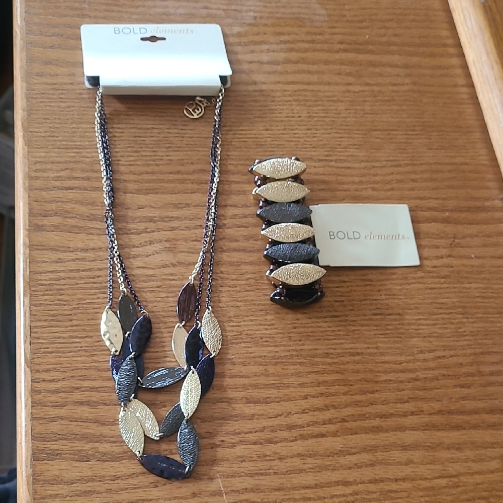 Bold Elements Gold and Black Leaf Necklace & Bracelet Set, NWT